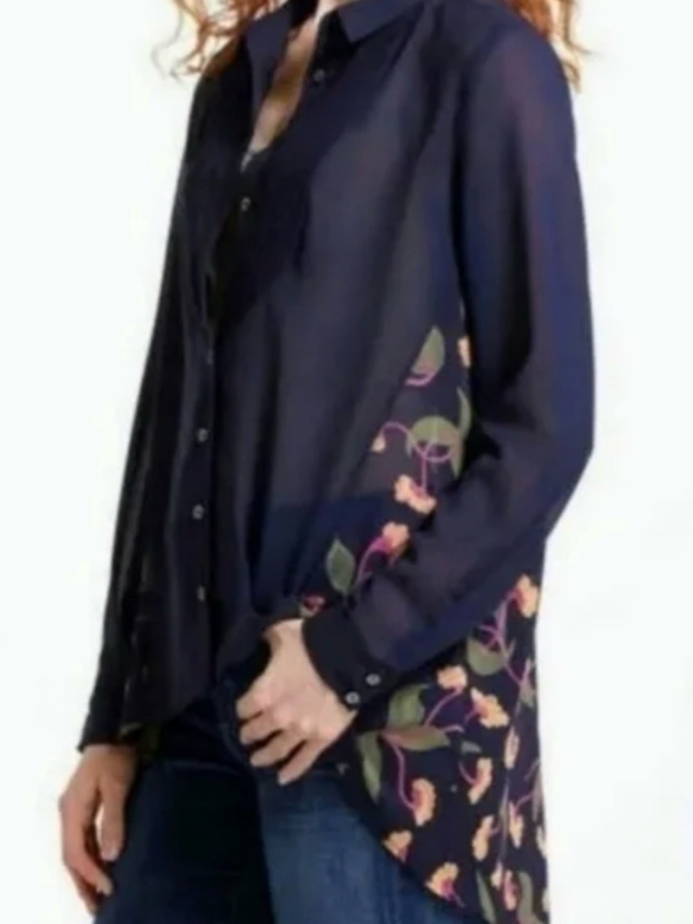 Maeve Anthropologie Navy Floral Tunic Blouse Pintuck High Low 6